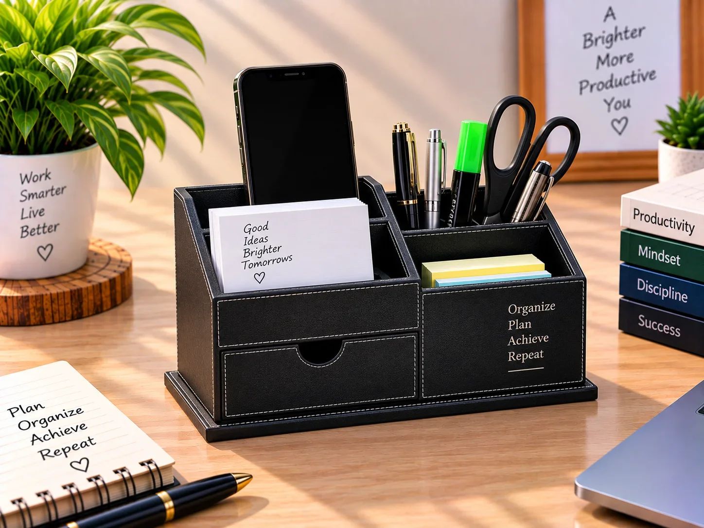 Leatherette Executive Desk Organizer with Mini Drawer