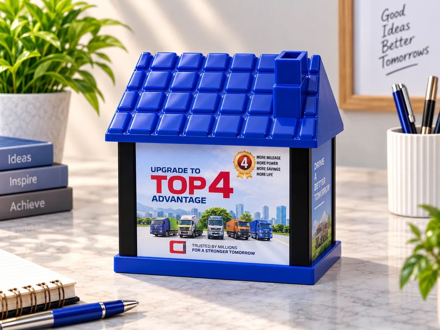 Custom Printed Blue House-Shaped Desktop Bank