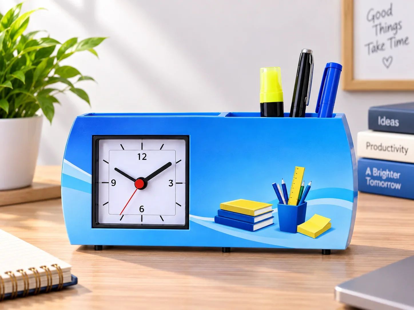 Executive Blue Desktop Clock & Pen Stand