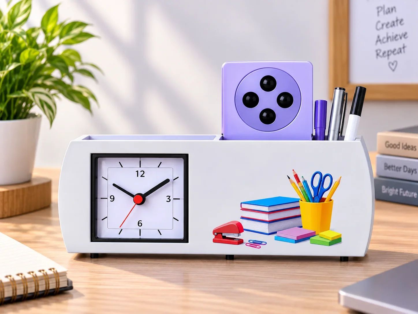 Executive White Desktop Organizer with Clock