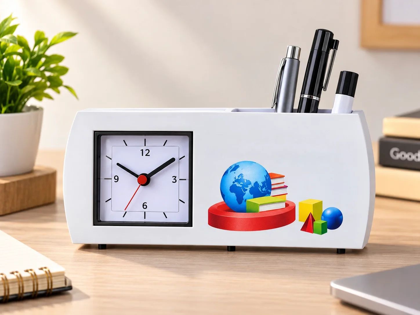 White Globe Print Desktop Clock & Pen Stand