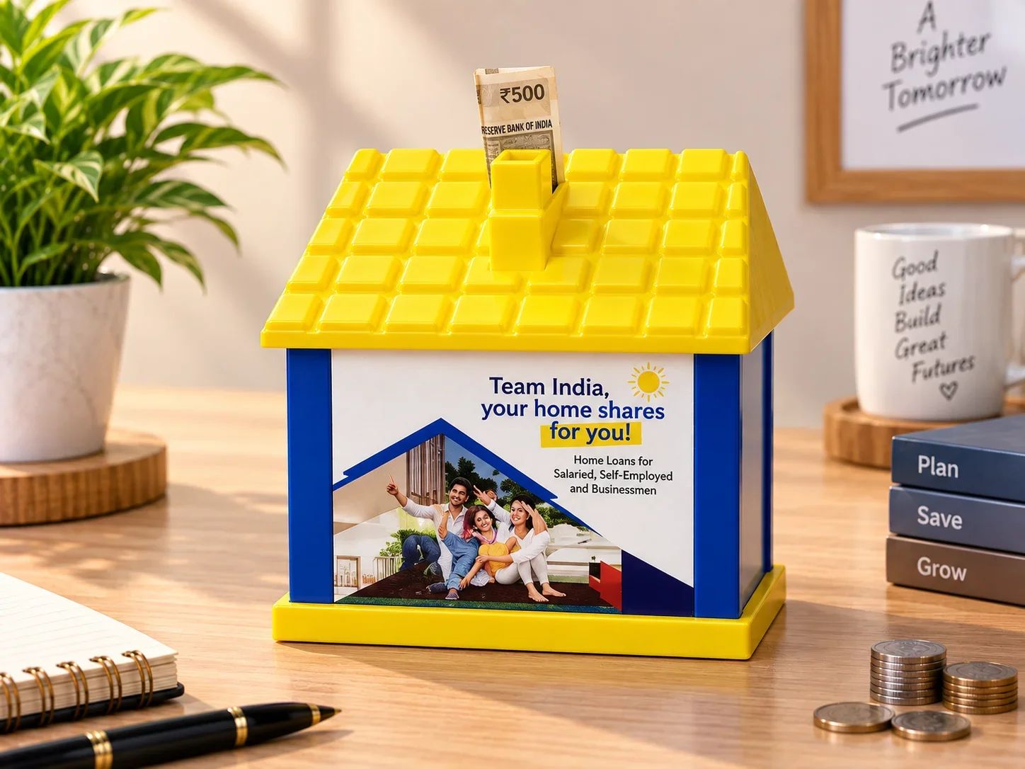 Custom Yellow & Blue House-Shaped Desktop Bank
