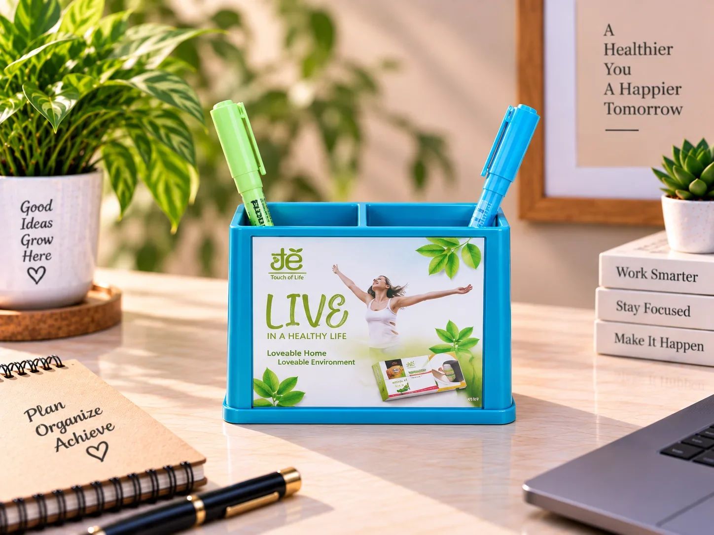 Bright Cyan Blue Desktop Pen Stand & Photo Frame