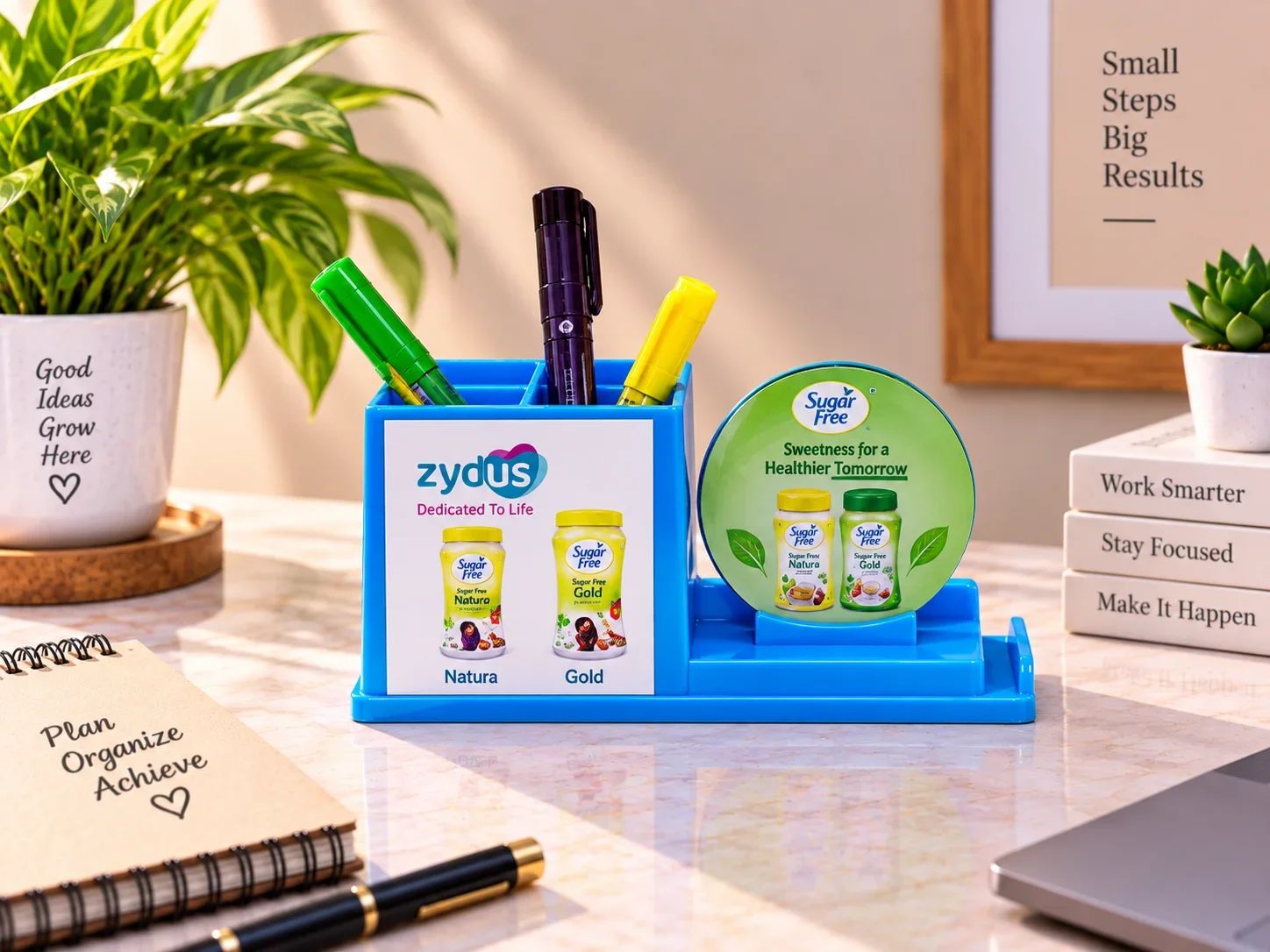 Sky Blue Desktop Pen Stand with Circular Coaster Stand