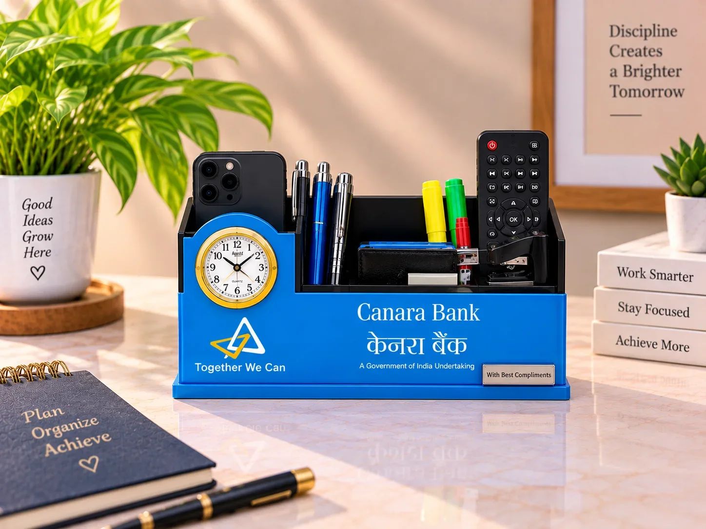 Executive Blue Desktop Clock & Stationery Caddy