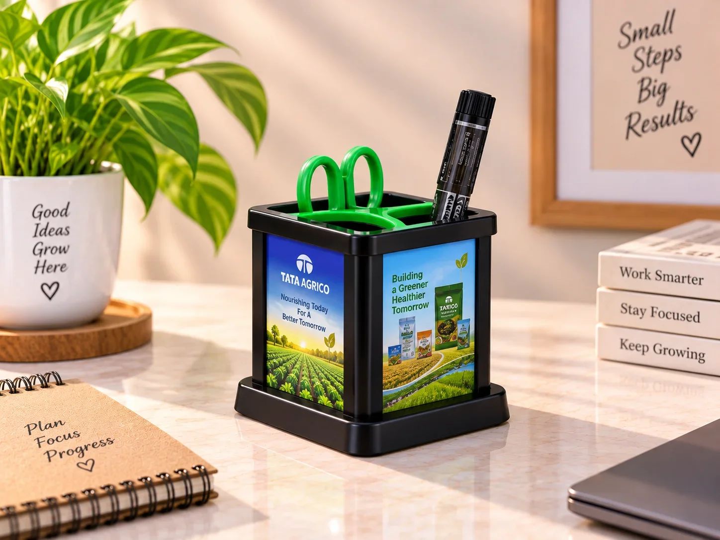Executive Black & Green Desktop Pen Stand with Graphic Panels