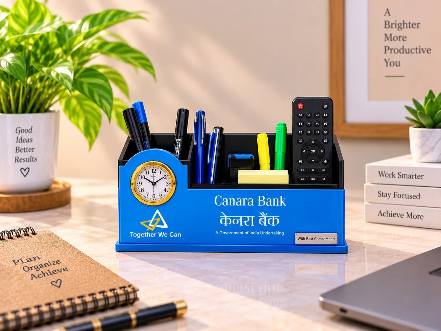 Executive Royal Blue Desk Organizer with Gold-Trimmed Clock
