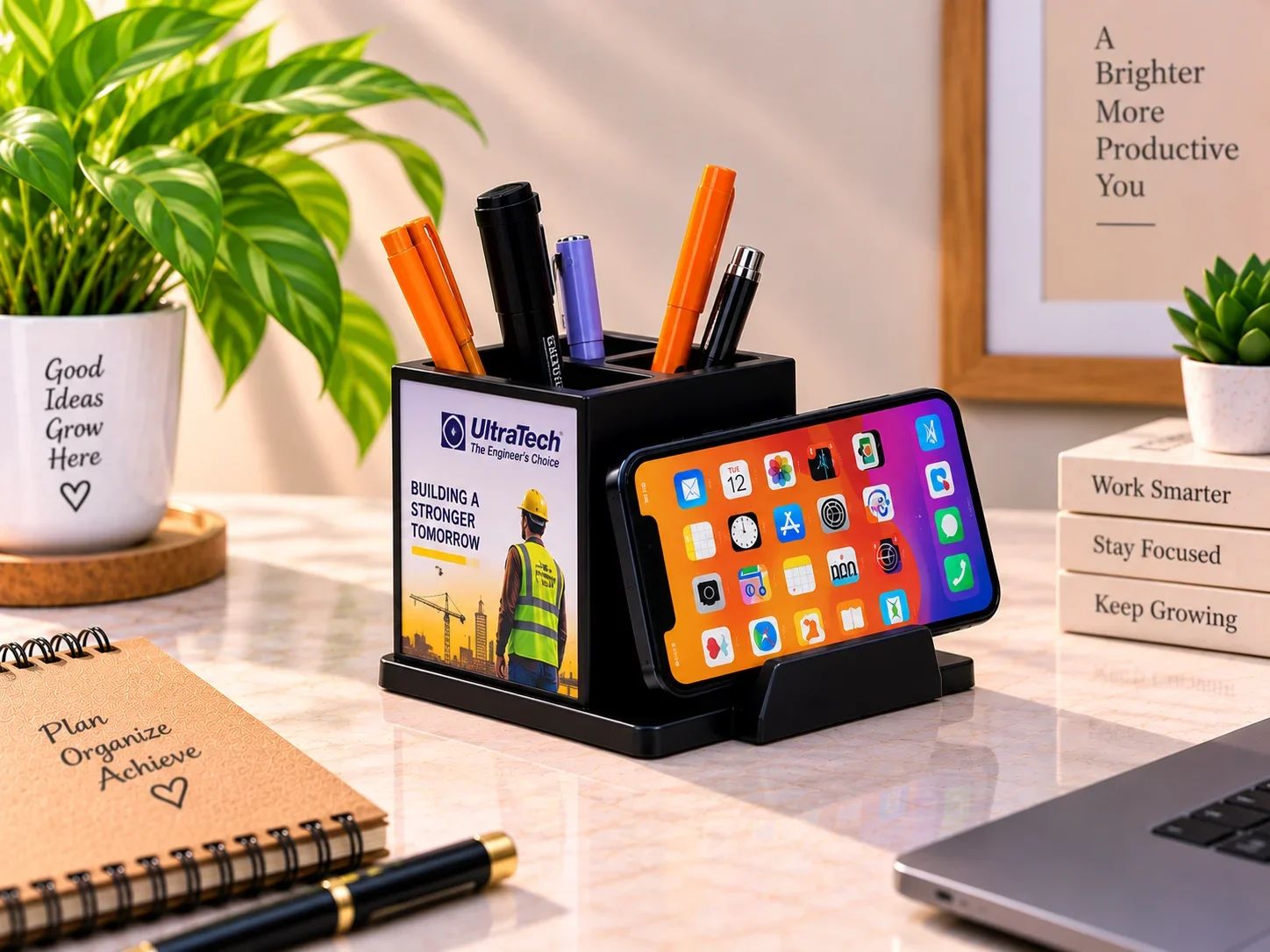 Executive Black Desktop Pen Caddy & Smartphone Stand