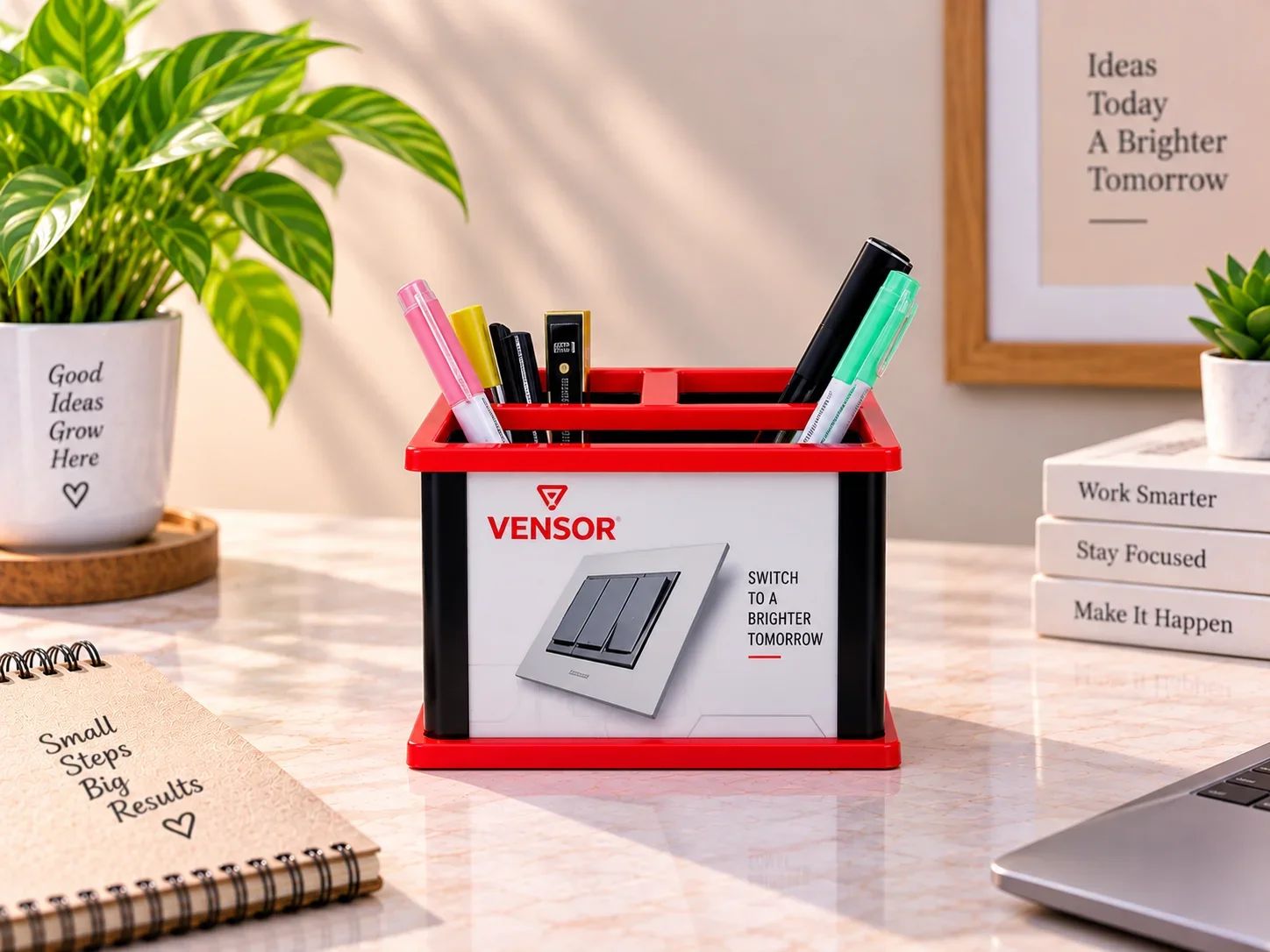 Executive Red & Black Desktop Pen Holder with Graphic Display