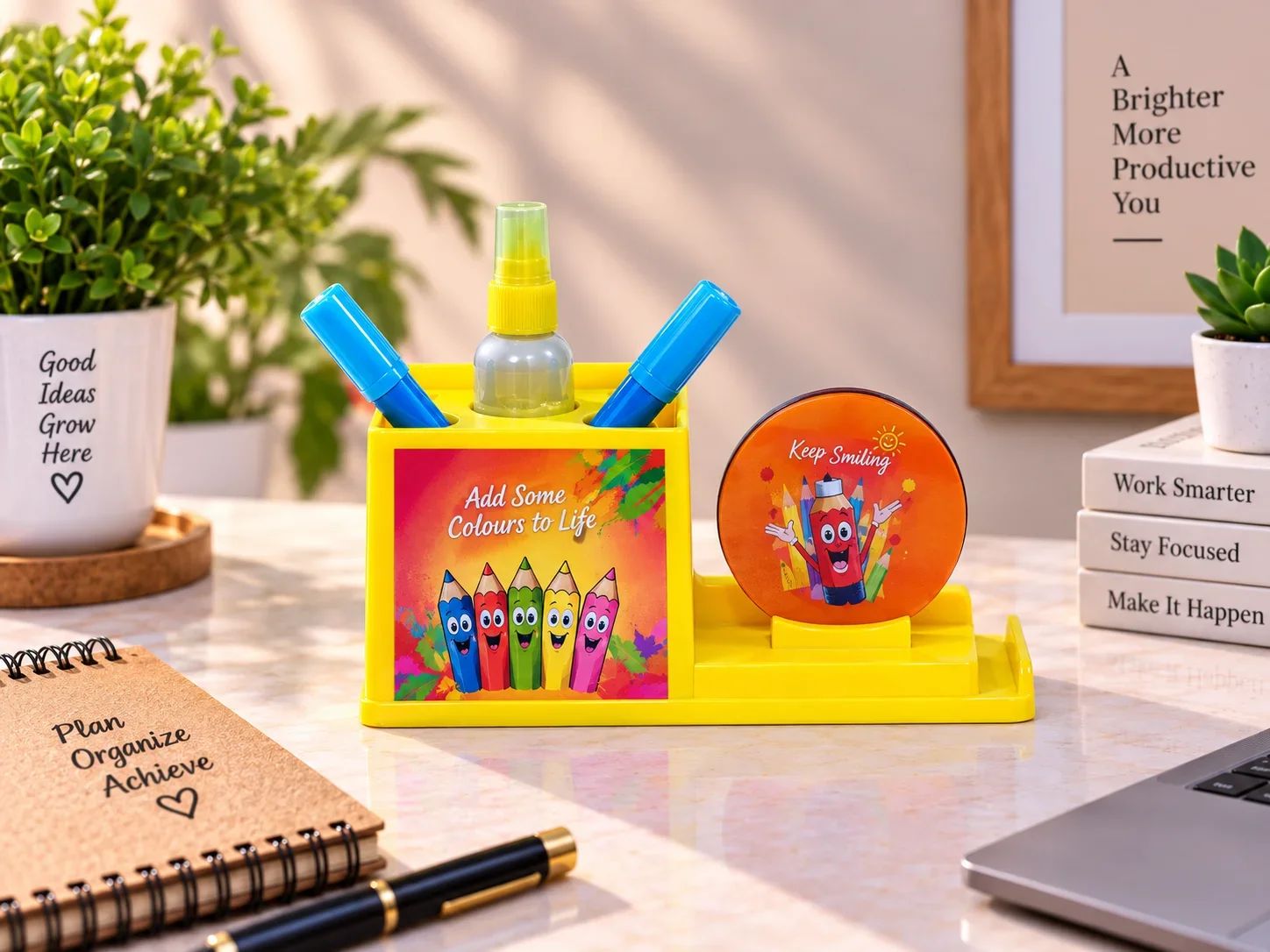 Bright Yellow Desktop Clock & Stationery Caddy