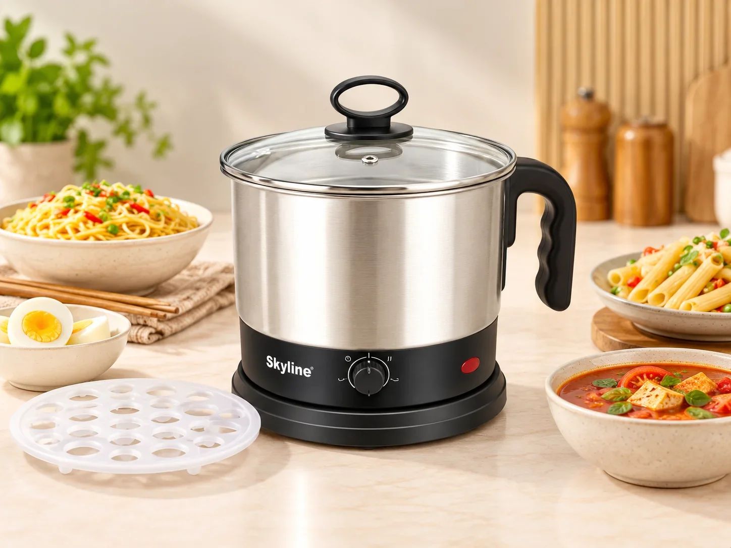 Skyline Stainless Steel Multi-Cooker Electric Kettle with Steam Tray & Temperature Control
