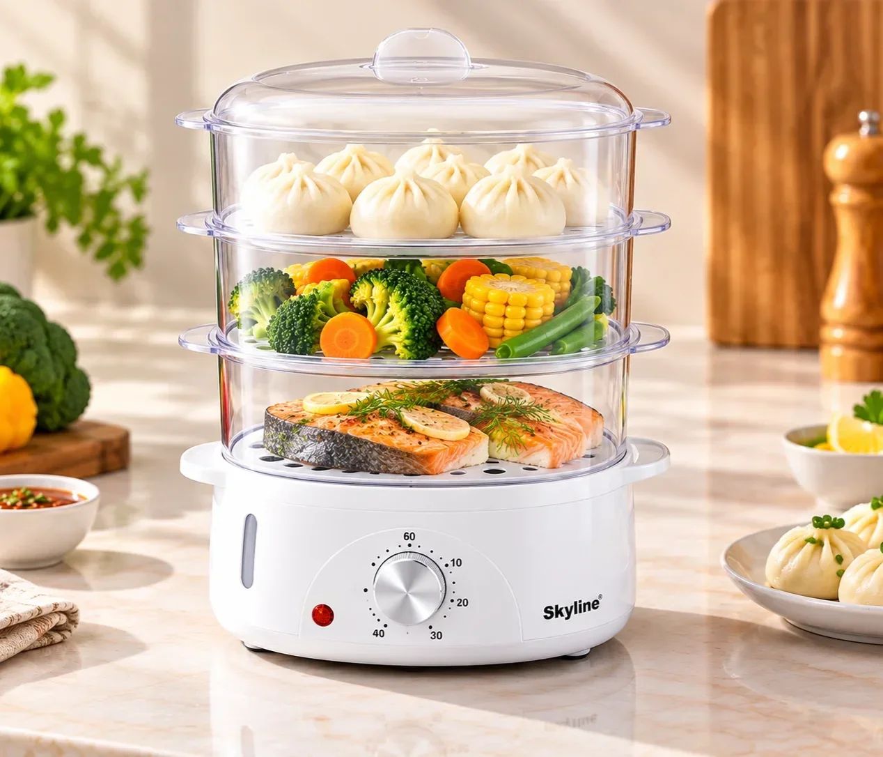 Skyline 3-Tier Multi-Layer Electric Food Steamer with 60-Minute Timer
