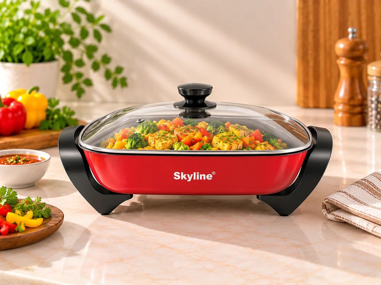 Skyline Electric Non-Stick Cooking Pan with Tempered Glass Lid
