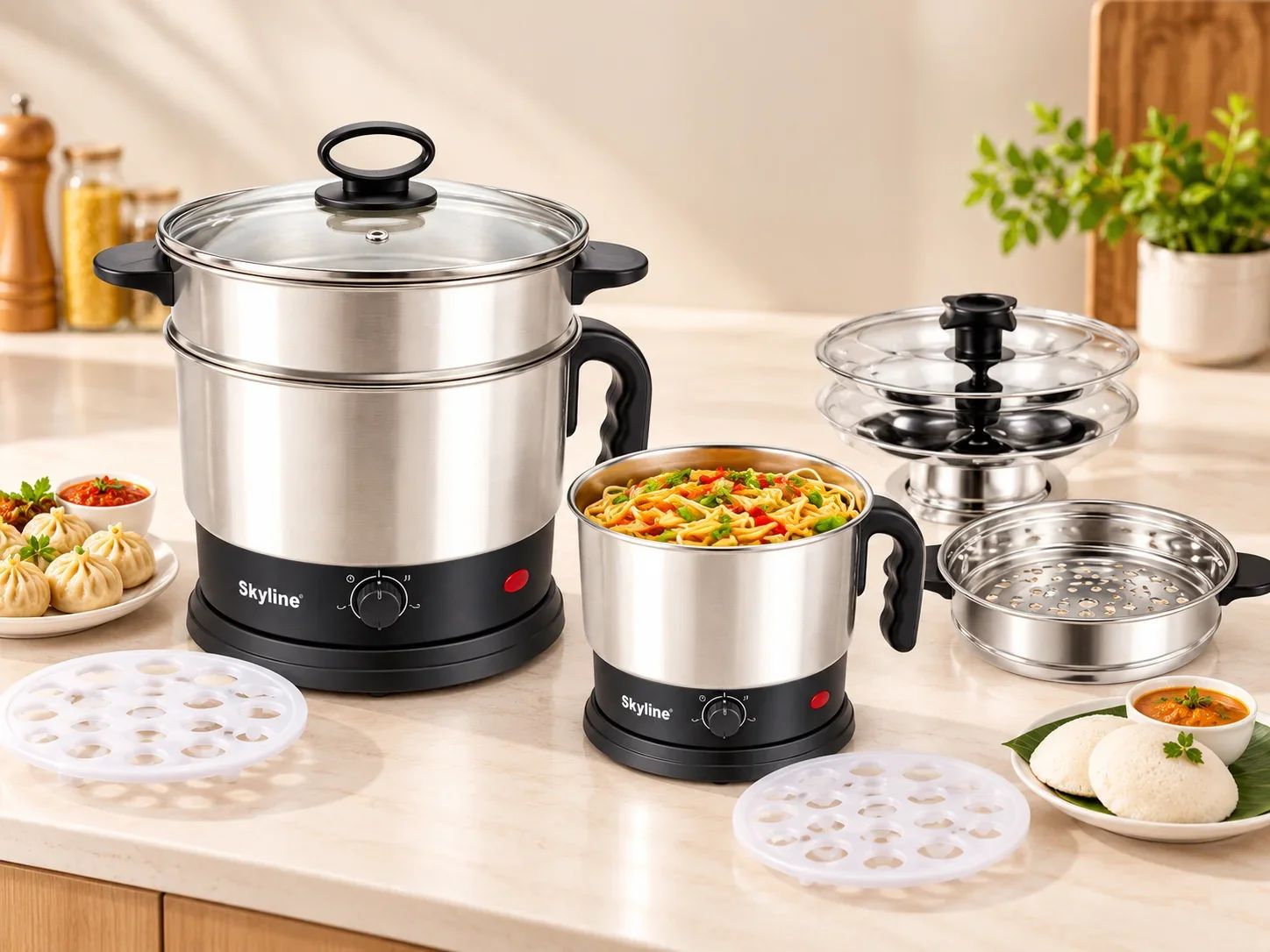 Skyline Stainless Steel Electric Multi-Cooker with Steamer & Idli Stand