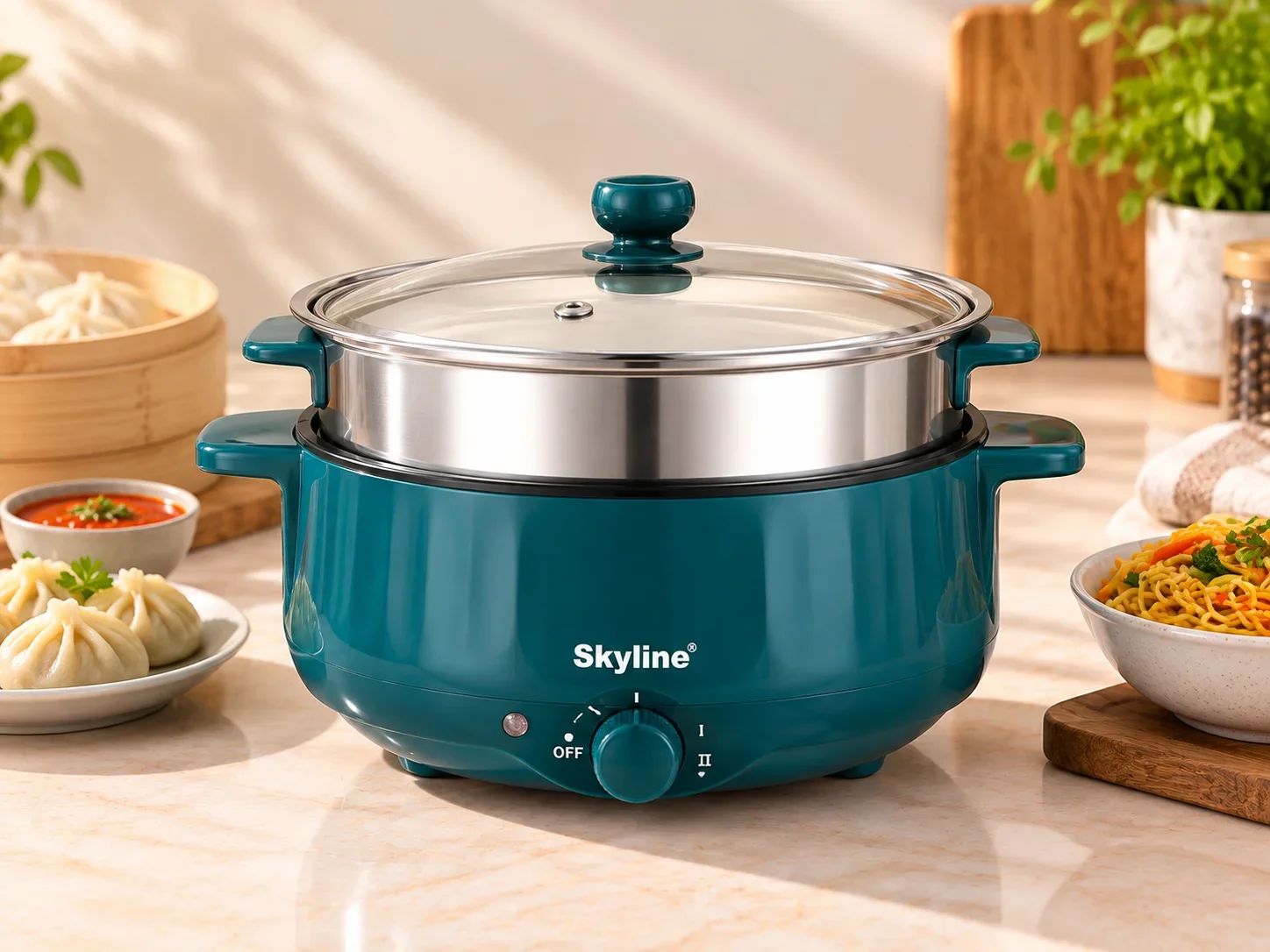 Skyline Electric Cooking Pot with Stainless Steel Steamer Basket