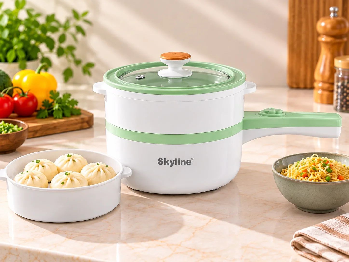 Skyline Pastel Green Electric Cooking Pot with Steamer Tray