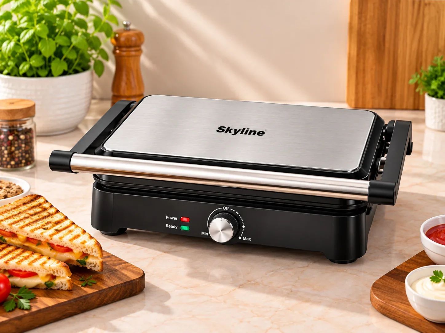 Skyline Heavy-Duty Panini Press & Contact Grill with Adjustable Thermostat