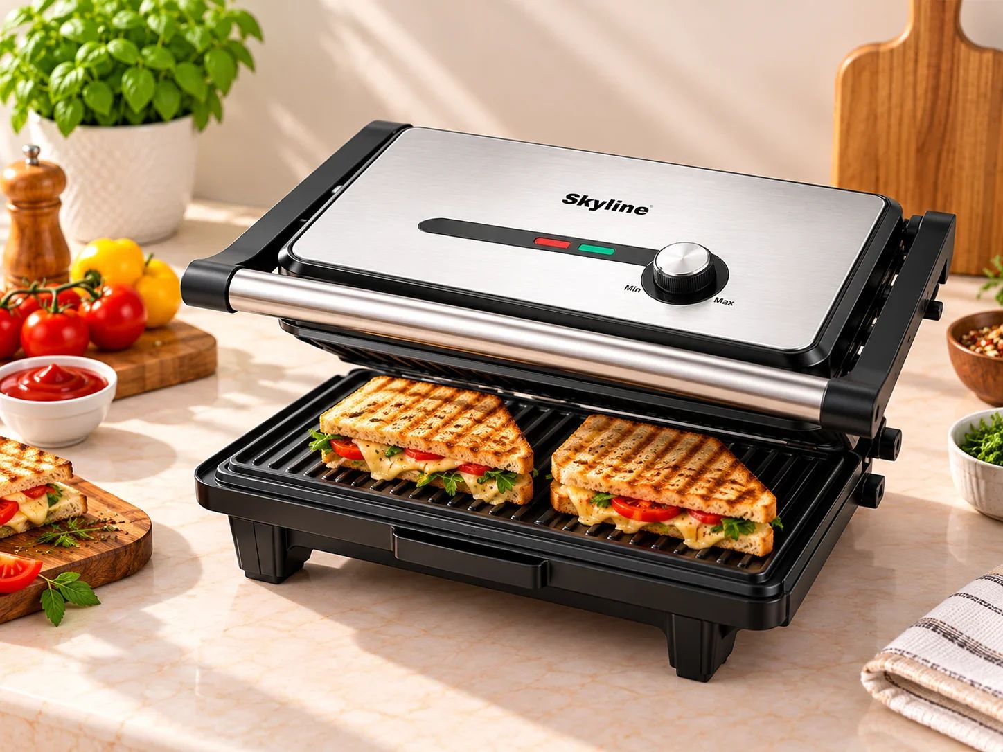 Skyline Large Stainless Steel Press Grill with Thermostat Control