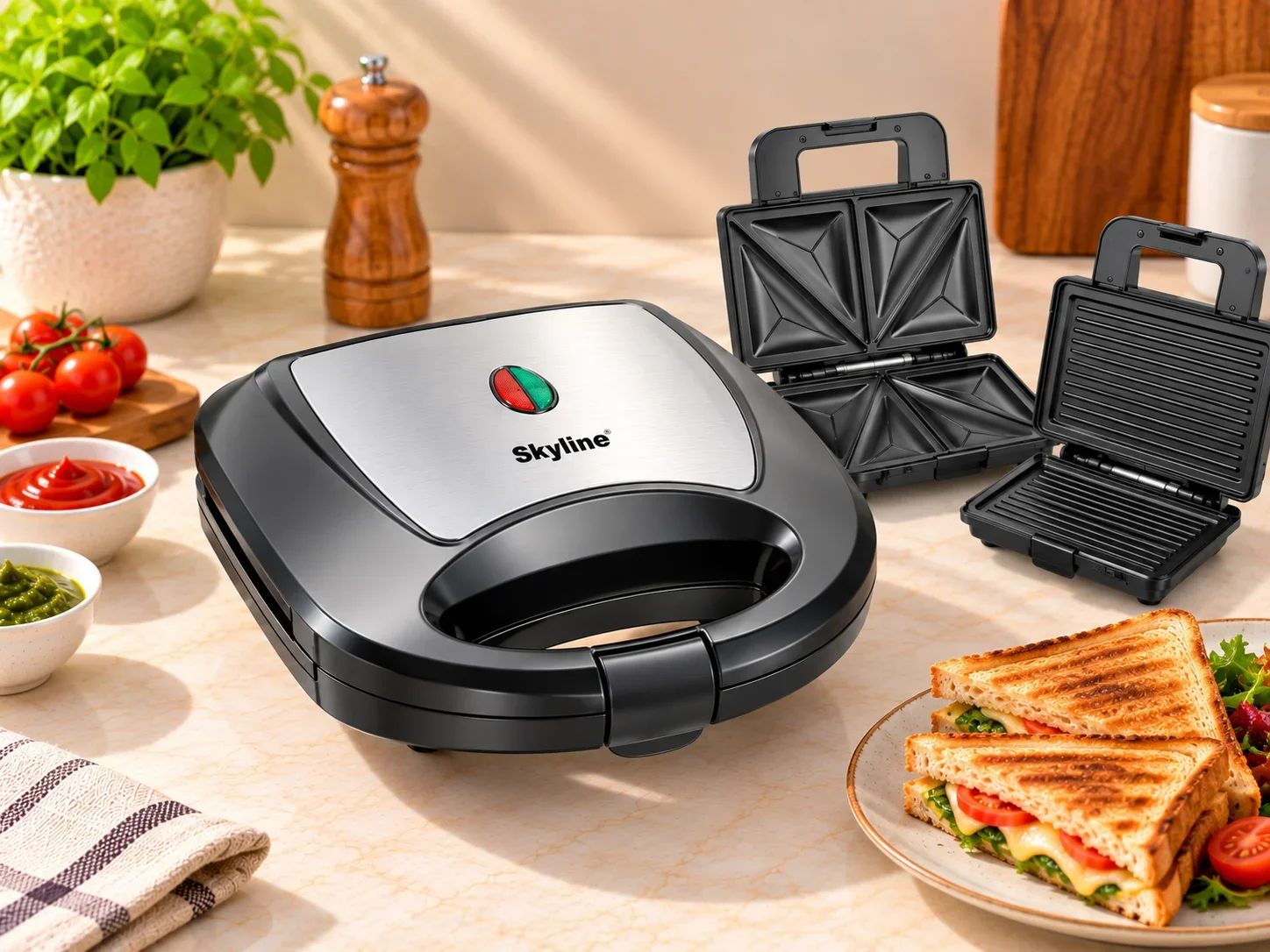 Skyline 3-in-1 Sandwich, Waffle & Grill Maker with Changeable Plates
