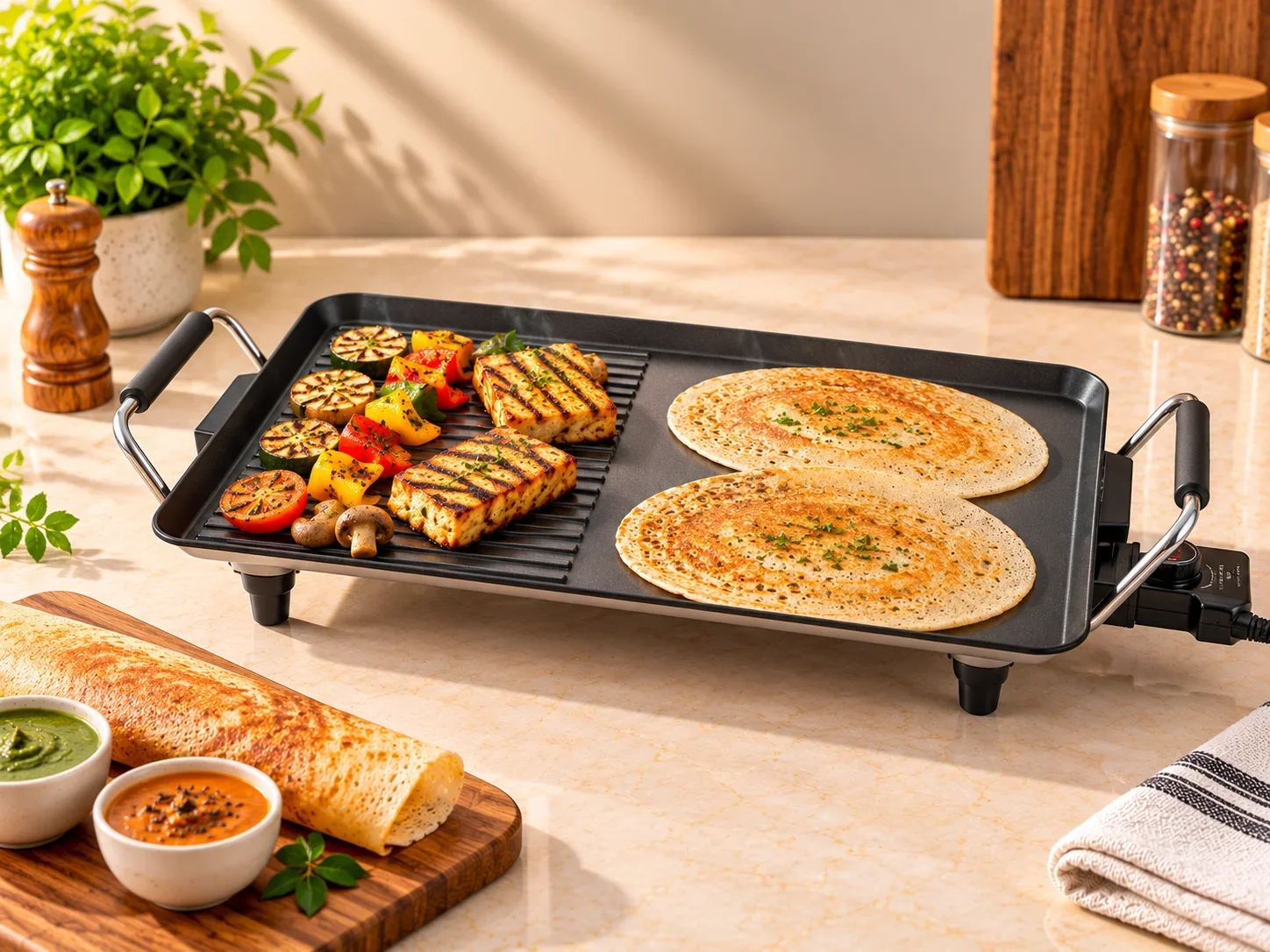 Skyline Electric Non-Stick Dual-Zone Flat Griddle & Dosa Tawa