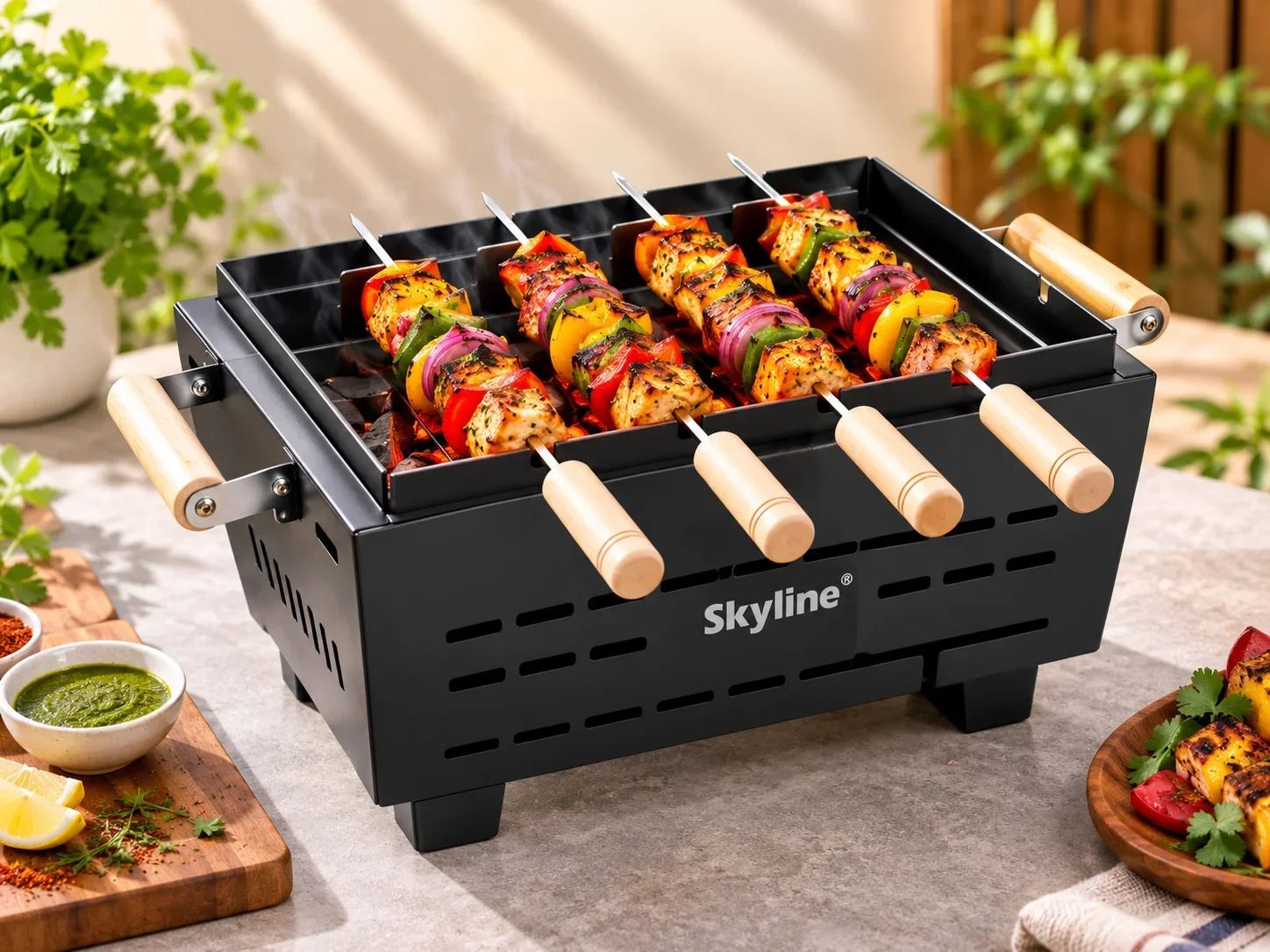 Skyline Portable Tabletop Charcoal BBQ Grill with Wooden Handles