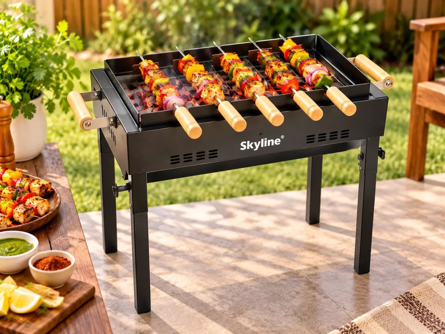 Skyline Standing Outdoor Charcoal BBQ Grill with Skewers