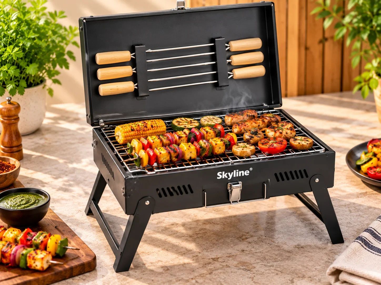 Skyline Briefcase-Style Portable Charcoal BBQ Grill with Built-in Skewer Holder