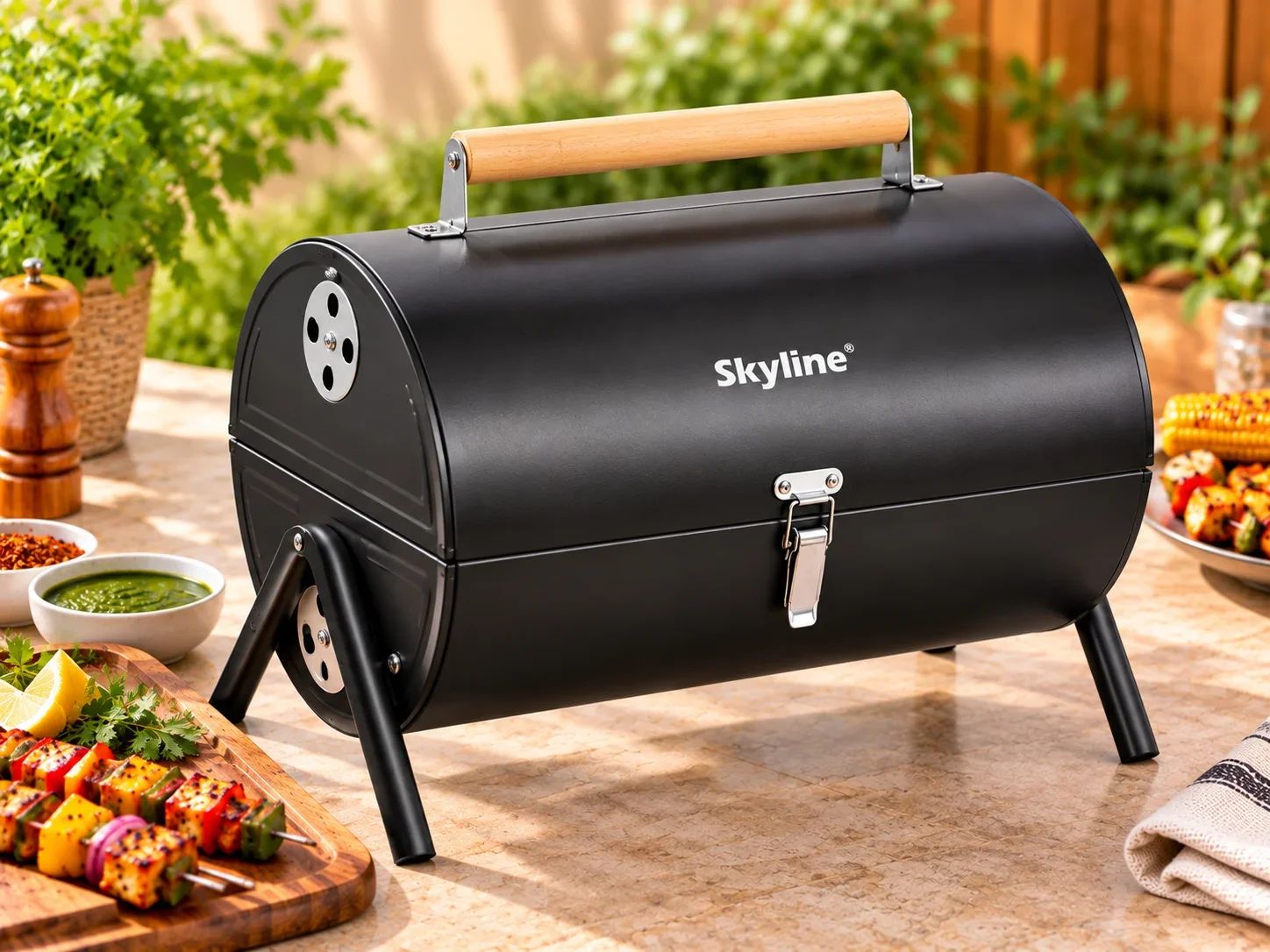 Skyline Barrel-Style Tabletop Charcoal Barbecue Grill