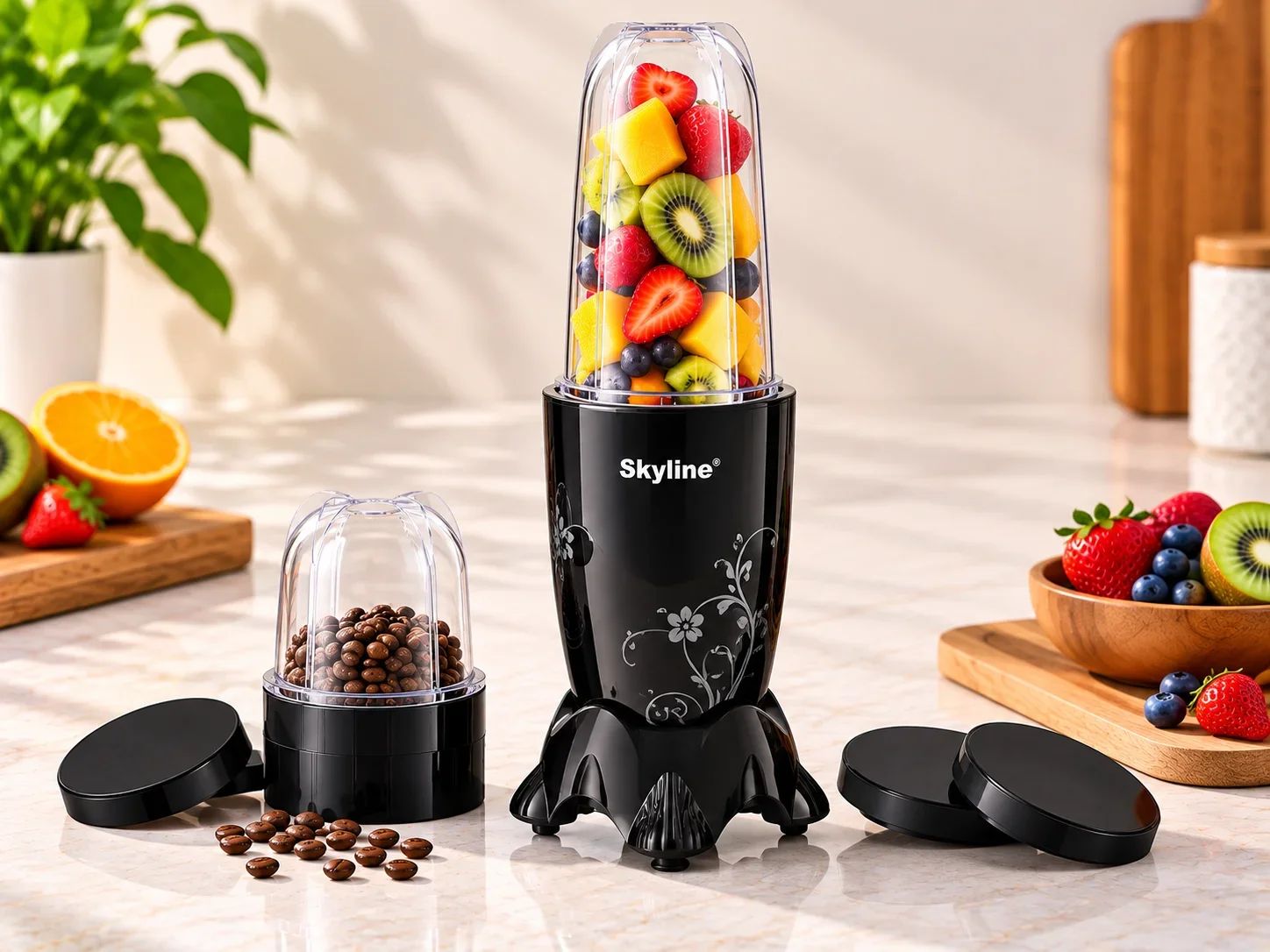 Skyline Decorative Black Floral Personal Smoothie Blender & Grinder