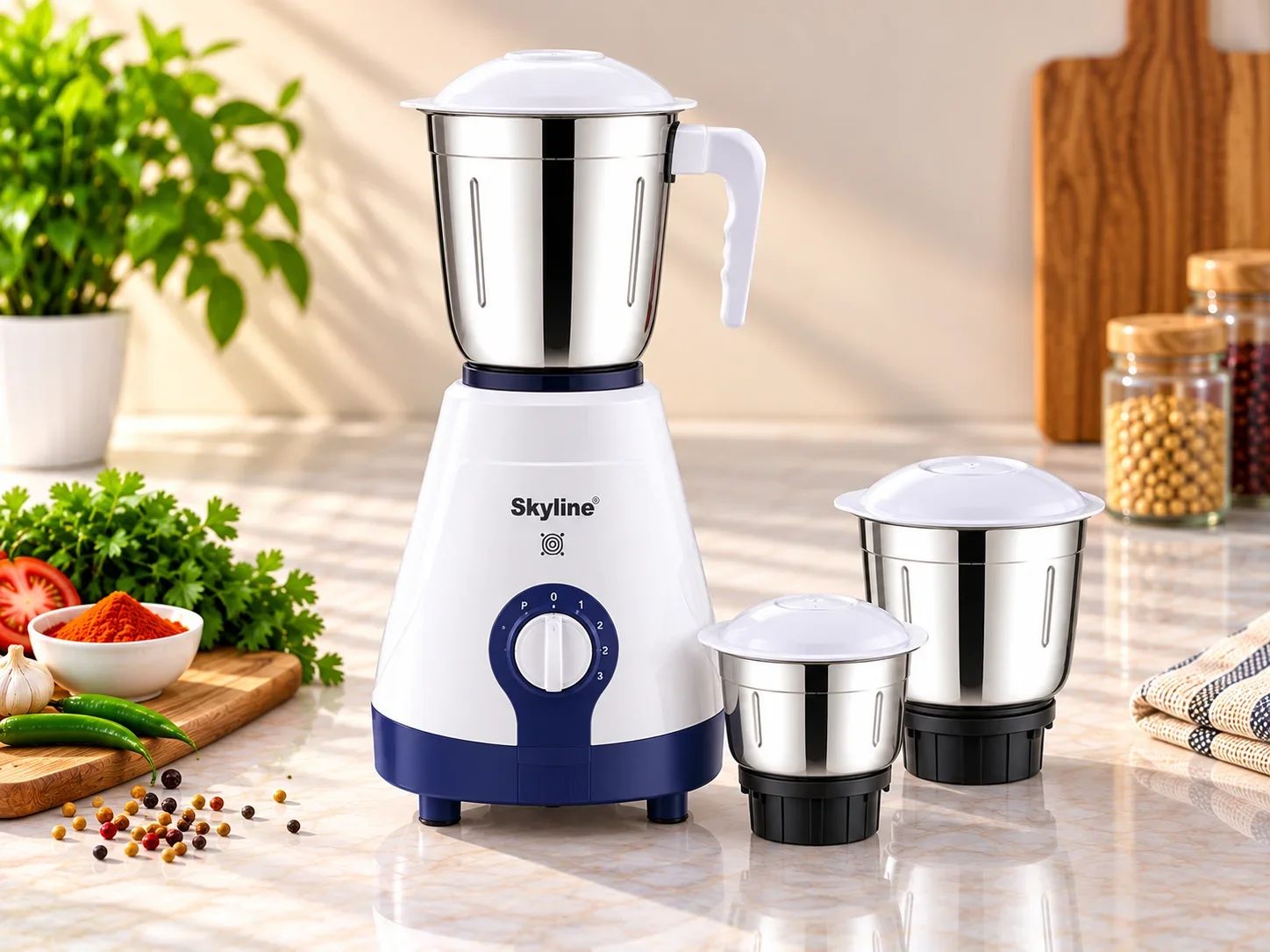 Skyline White & Classic Blue 3-Jar Mixer Grinder with Speed Control