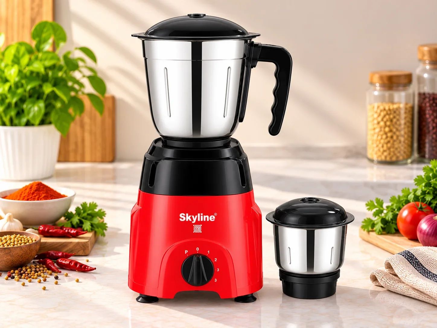 Skyline Vibrant Red & Black Compact Mixer Grinder with 2 Stainless Steel Jars