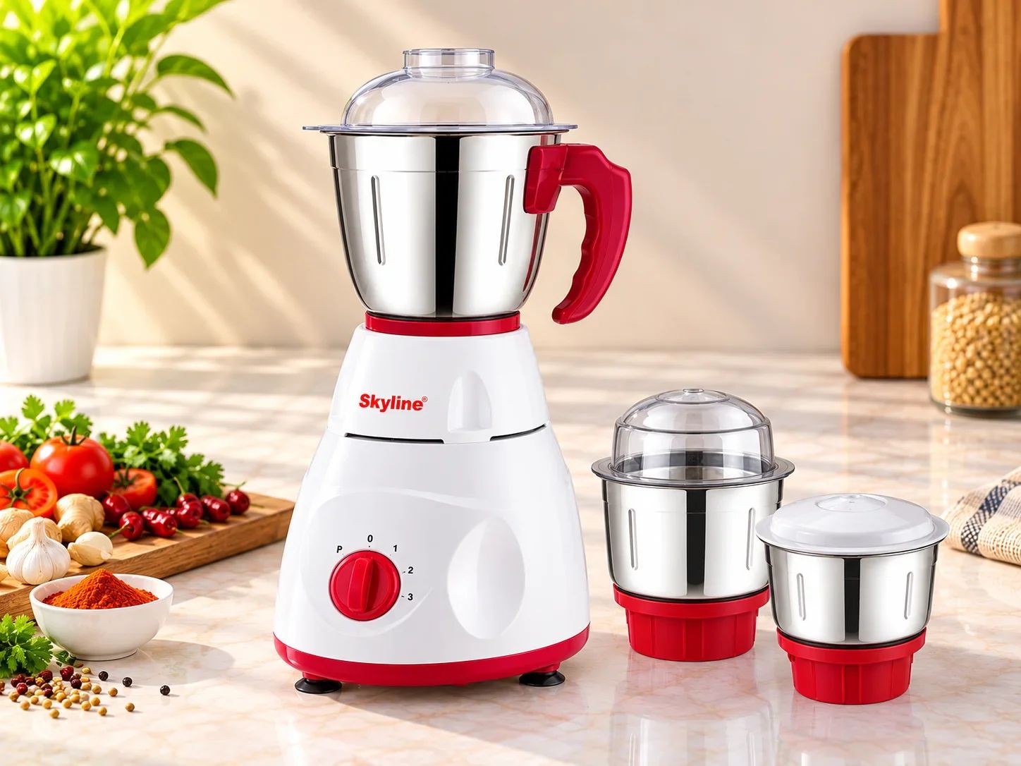 Skyline White & Crimson Red 3-Jar Mixer Grinder Set with Transparent Lids