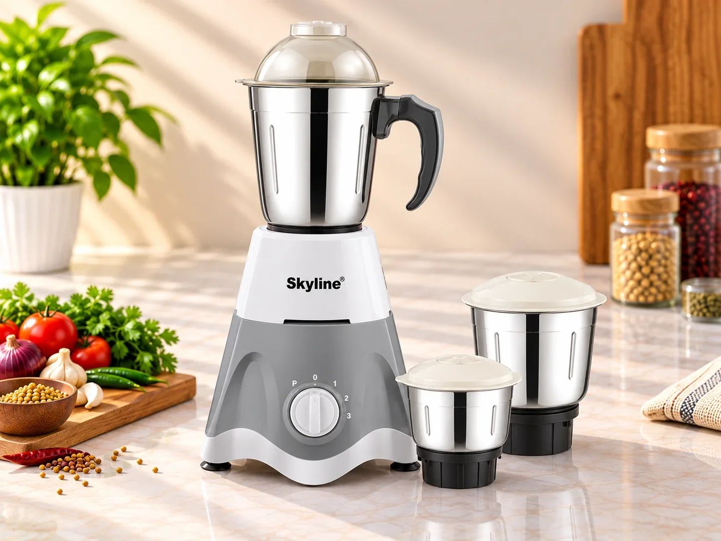 Skyline Modern Grey & White 3-Jar Mixer Grinder with Dome Lid
