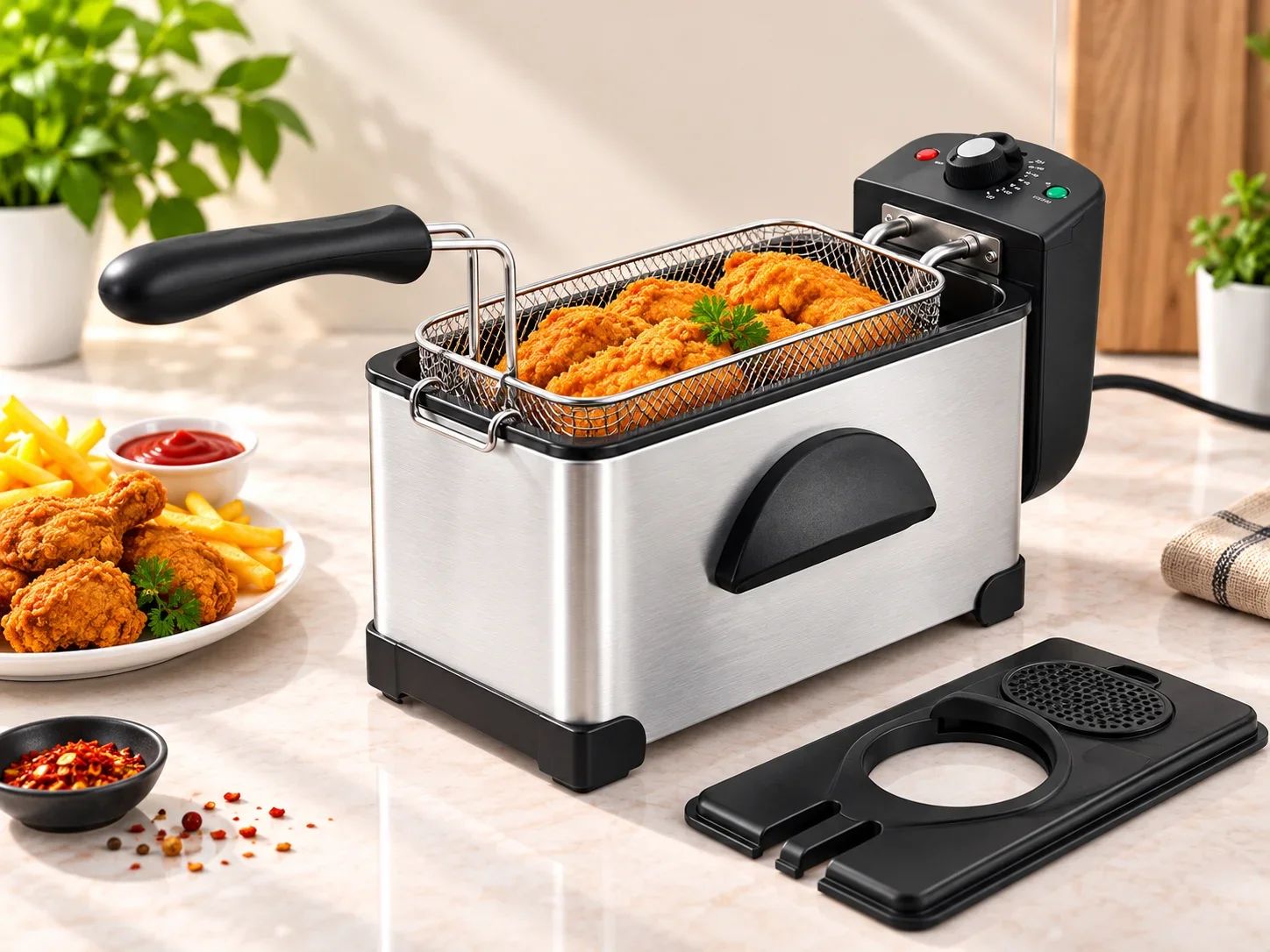 Skyline Stainless Steel Countertop Electric Deep Fryer with Basket & Lid