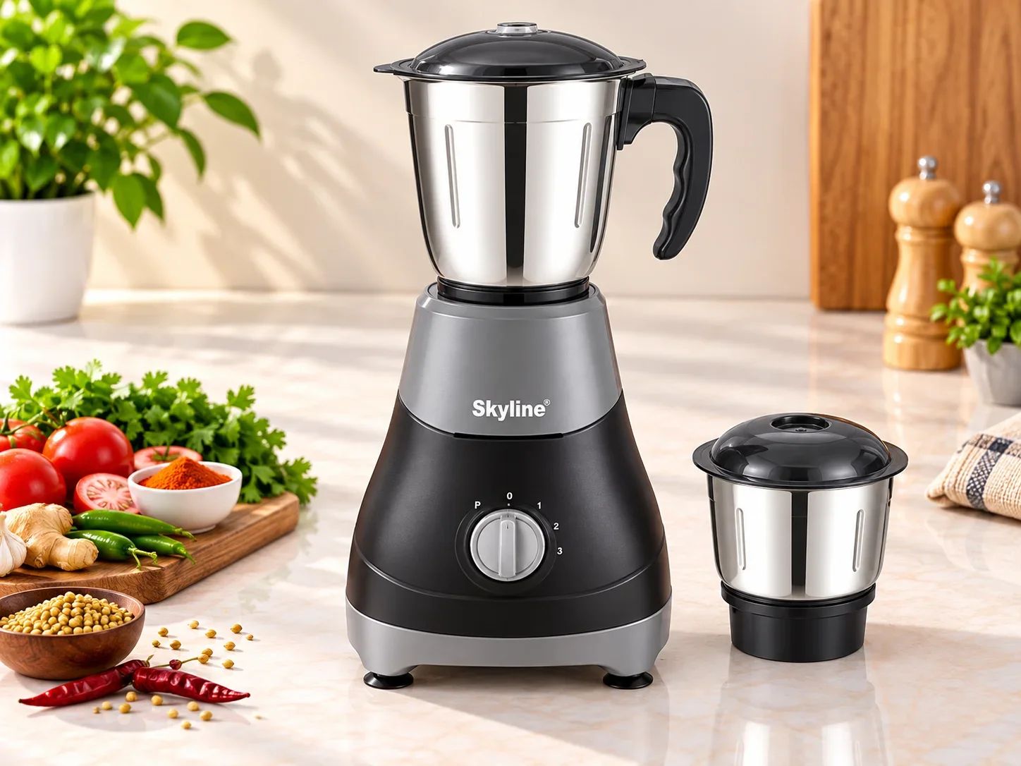 Skyline Matte Black & Grey 2-Jar Electric Mixer Grinder