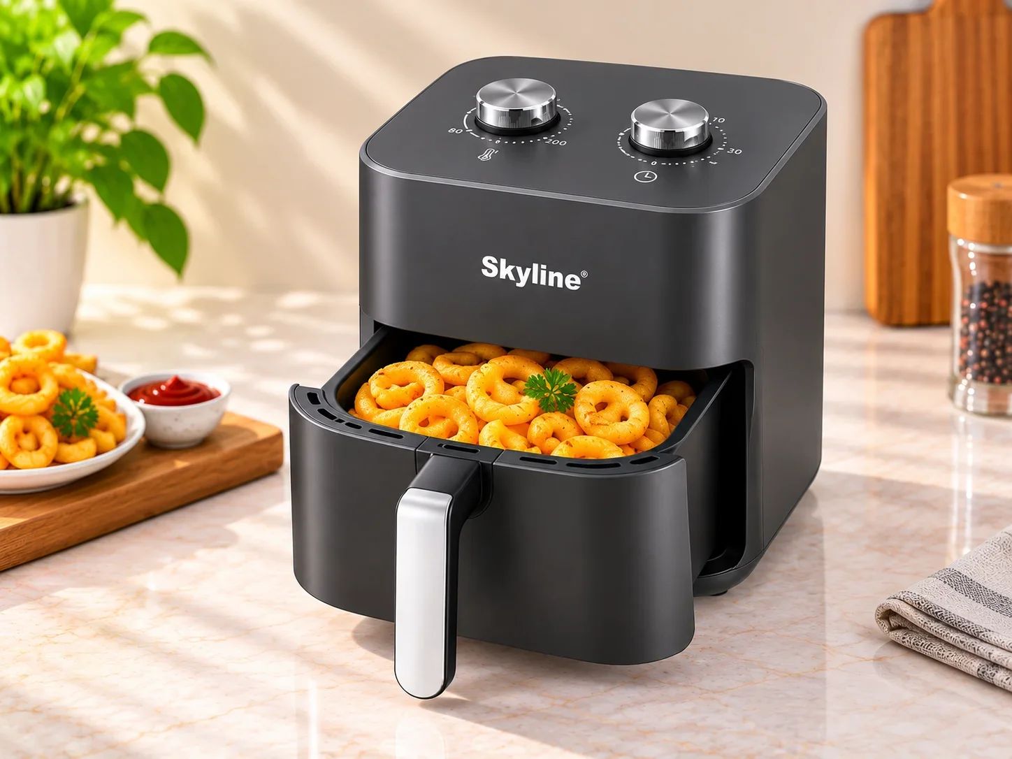 Skyline Compact Square Matte Black Air Fryer with Top Control Dials