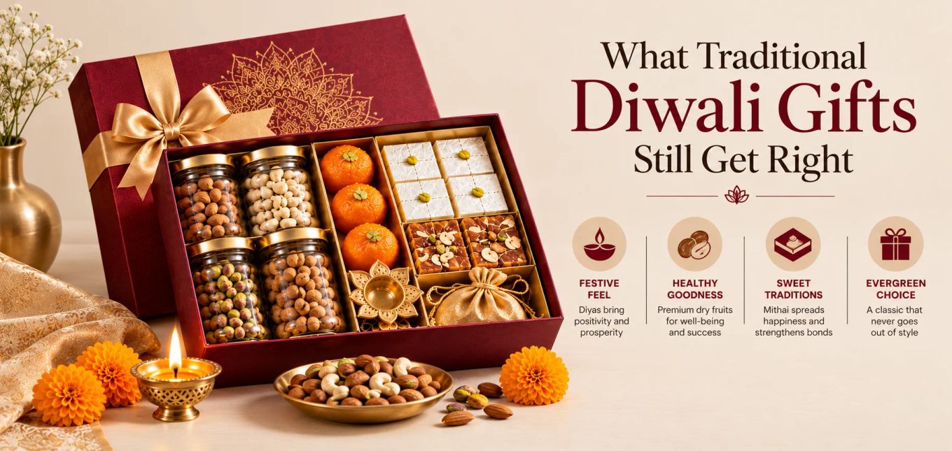 Traditional and modern corporate Diwali gifts side by side
